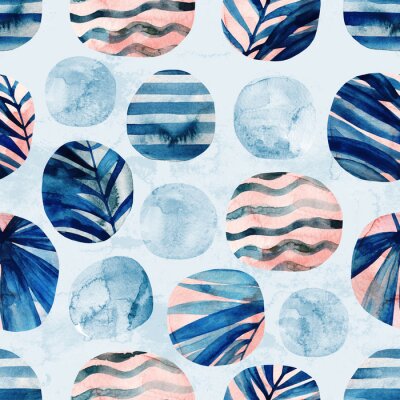 Circles with palm leaves, waves, stripes and water color marble, grained, grunge, paper textures