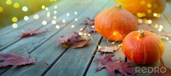 Papier peint  Citrouilles et feuilles d'automne sur bois