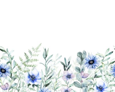 Papier peint  Clairière aquarelle fleurs bleues