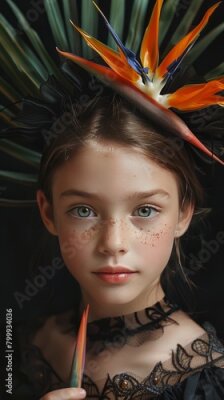 Papier peint  Classic painterly dark studio portrait of girl holding strelitzia flower