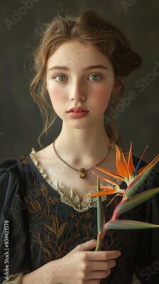 Papier peint  Classic painterly dark studio portrait of girl holding strelitzia flower