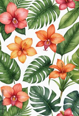 Papier peint  clipart-set of soft watercolor of tropical flower leaves,orchid, strelitzia, hibiscus, protea, anthurium, palm, monstera leaves,in the style of green pink orange yellow color, bright colors,profession