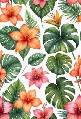 Papier peint  clipart-set of soft watercolor of tropical flower leaves,orchid, strelitzia, hibiscus, protea, anthurium, palm, monstera leaves,in the style of green pink orange yellow color, bright colors,profession