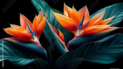 Papier peint  Close-up of a Strelitzia flower, showcasing its intricate structure and vibrant hues against lush green leaves. 