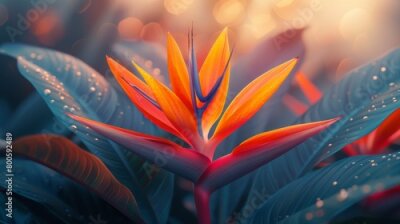 Papier peint  Close-up of a Strelitzia flower, showcasing its intricate structure and vibrant hues against lush green leaves