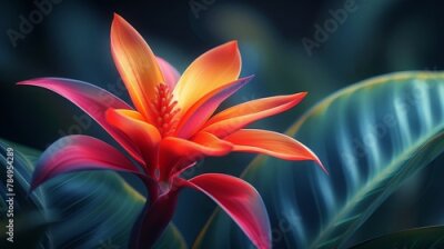 Papier peint  Close-up of a Strelitzia flower, showcasing its intricate structure and vibrant hues against lush green leaves.