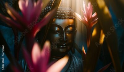 Papier peint  Close up of a Tibetan Buddha face meditating outdoors under, appears calm with a slight smile on his lips, background with strelitzia flowers.