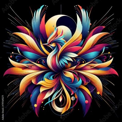 Papier peint  Close-up of Bird of Paradise (Strelitzia reginae) flower in colorful abstract WPAP art style. Vector illustration concept background with geometric lines and bright color mix