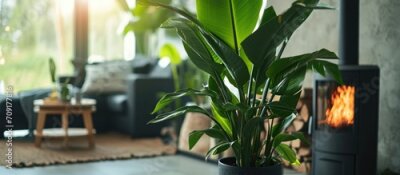 Papier peint  Close-up of Strelitzia nicolai on stand in interior. Growing and caring for indoor plant in Scandinavian loft with metal stove fireplace.