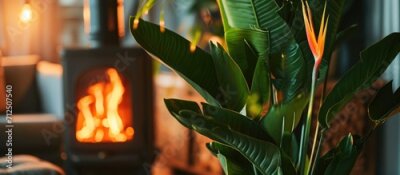Papier peint  Close-up of Strelitzia nicolai on stand in interior. Growing and caring for indoor plant in Scandinavian loft with metal stove fireplace.