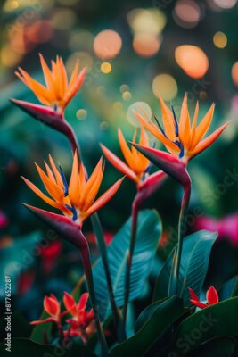 Papier peint  Close up of vibrant Strelitzia bird of paradise flowers in a lush garden with bokeh lights and rich colors perfect for nature lovers and garden enthusiasts botany concept