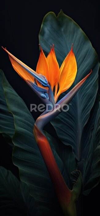 Papier peint  close up view of strelitzia flower isolated on black, ai tools generated image