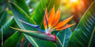 Papier peint  Closeup of Bird of Paradise bloom against lush green leaves, Tropical, flower, Bird of Paradise, strelitzia reginae