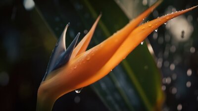 Papier peint  Closeup of Strelitzia reginae tropical plant leaves with rain drops. Green natural backdrop. Generative AI
