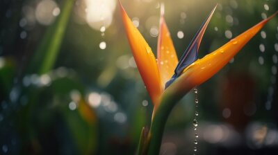 Papier peint  Closeup of Strelitzia reginae tropical plant leaves with rain drops. Green natural backdrop. Generative AI