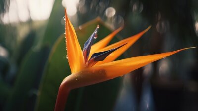 Papier peint  Closeup of Strelitzia reginae tropical plant leaves with rain drops. Green natural backdrop. Generative AI