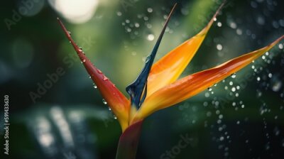 Papier peint  Closeup of Strelitzia reginae tropical plant leaves with rain drops. Green natural backdrop. Generative AI