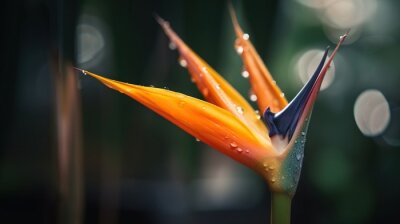 Papier peint  Closeup of Strelitzia reginae tropical plant leaves with rain drops. Green natural backdrop. Generative AI