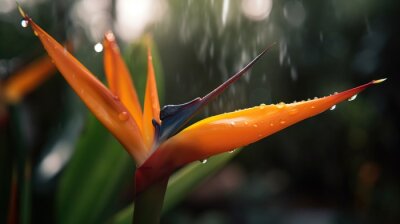 Papier peint  Closeup of Strelitzia reginae tropical plant leaves with rain drops. Green natural backdrop. Generative AI