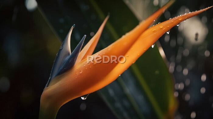 Papier peint  Closeup of Strelitzia reginae tropical plant leaves with rain drops. Green natural backdrop. Generative AI