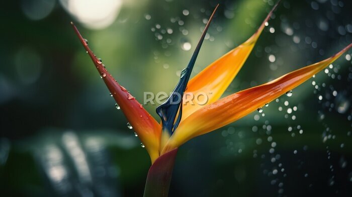 Papier peint  Closeup of Strelitzia reginae tropical plant leaves with rain drops. Green natural backdrop. Generative AI