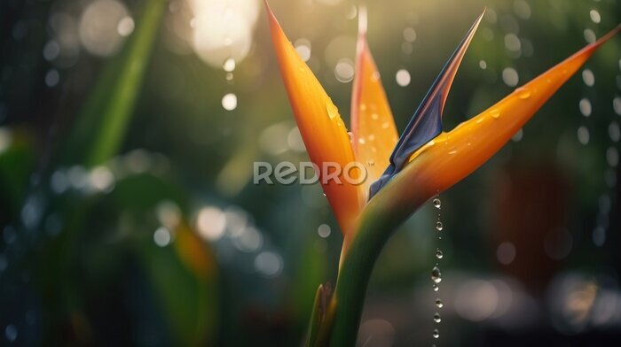 Papier peint  Closeup of Strelitzia reginae tropical plant leaves with rain drops. Green natural backdrop. Generative AI