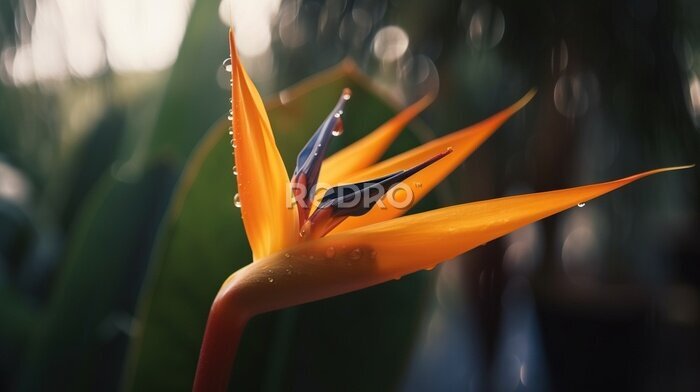 Papier peint  Closeup of Strelitzia reginae tropical plant leaves with rain drops. Green natural backdrop. Generative AI