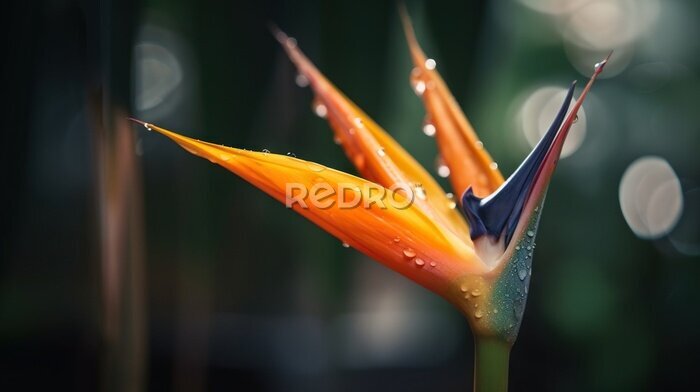 Papier peint  Closeup of Strelitzia reginae tropical plant leaves with rain drops. Green natural backdrop. Generative AI