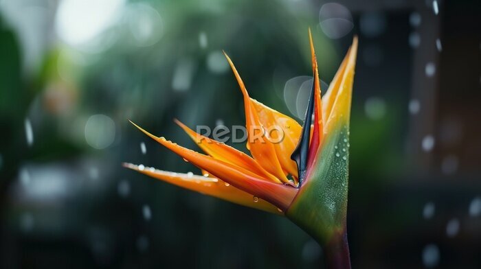 Papier peint  Closeup of Strelitzia reginae tropical plant leaves with rain drops. Green natural backdrop. Generative AI