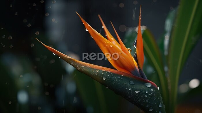 Papier peint  Closeup of Strelitzia reginae tropical plant leaves with rain drops. Green natural backdrop. Generative AI