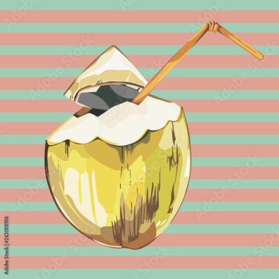 Papier peint  Coconut hand drawn sketch with strelitzia flowers. Watercolor tropical food illustration. Isolated on white background.