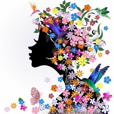 Papier peint  Coiffure florale, fille et le papillon oiseau