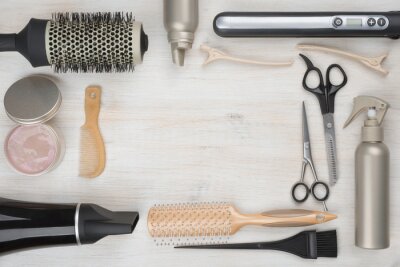 Coiffure, Outils, sur, bois, fond, à, copyspace, dans, les, milieu