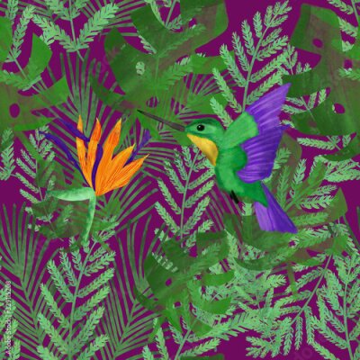 Papier peint  Colibri and orange strelitzia on background of tropical leaves on violet background. Multicolored seamless summer pattern. Exotic tropical print. Packaging, texile design. 