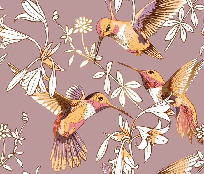 Papier peint  Colibris au milieu de fleurs sur un fond dans les tons roses
