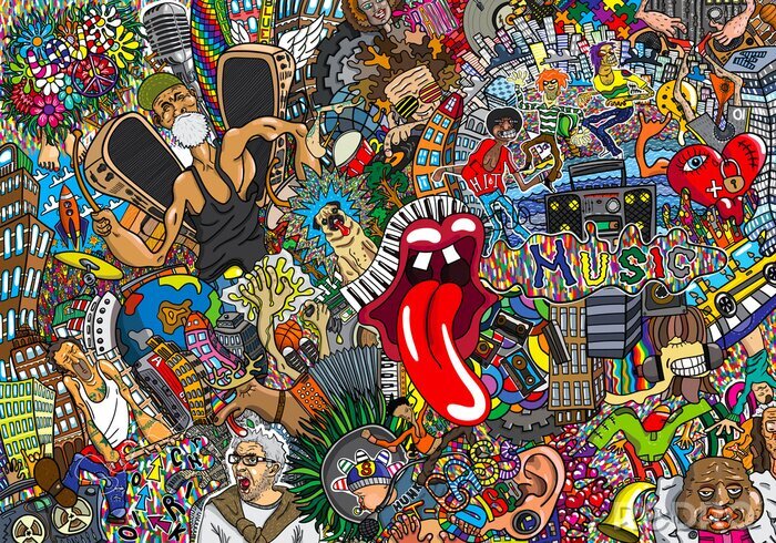 Papier peint  Collage graffiti coloré avec musique et motifs pop culture
