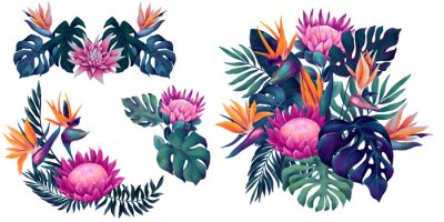 Papier peint  Collection of watercolor tropical bouquets with protea, strelitzia flowers and monstera and palm leaves in vibrant neon colors