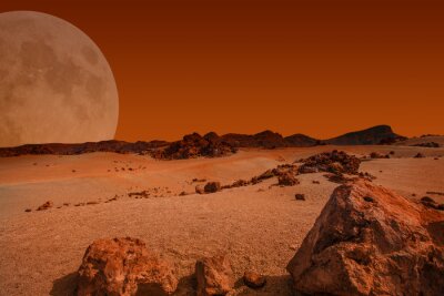 Papier peint  Collines sur la planète rouge avec une pleine lune en arrière-plan