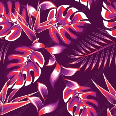 Papier peint  colorful fashionable monstera leaf seamless pattern with palm leaves and strelitzia flower tropical plants in one frame. exotic summer design texture. jungle print