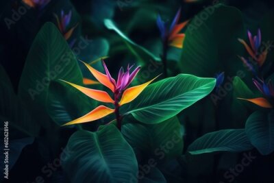 Papier peint  Colorful flowers and tropical leaves on dark tropical foliage nature background, generative ai beautiful art