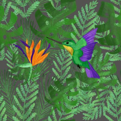 Papier peint  Colorful flying colibri and orange strelitzia on green tropical leaves on grey background. Seamless pattern. Summer exotic print. Packaging, wallpaper, textile design