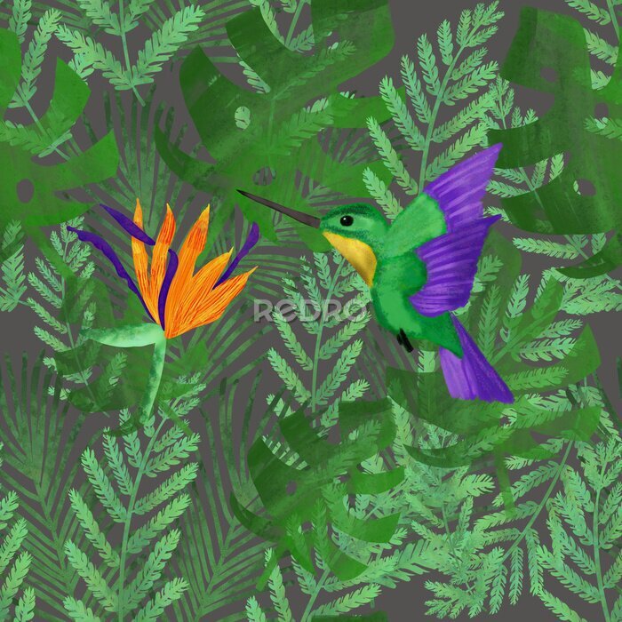 Papier peint  Colorful flying colibri and orange strelitzia on green tropical leaves on grey background. Seamless pattern. Summer exotic print. Packaging, wallpaper, textile design