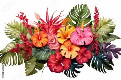 Papier peint  Colorful foliage arrangement with tropical plants like monstera, hibiscus, strelitzia, and palm tree. Perfect for a botanical wedding invitation. Generative AI