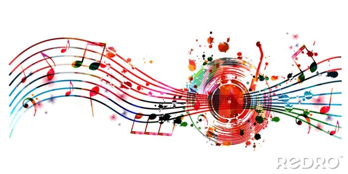 Papier peint  Colorful music background with music notes and vinyl record disc isolated vector illustration design. Artistic music festival poster, events, party flyer, music notes signs and symbols