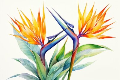 Papier peint  Colorful strelitzia blooms, paradise bird. Artistic watercolor on plain surface. Generative AI