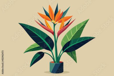 Papier peint  Colorful strelitzia flower standing in vase against beige backdrop, Strelitzia plant Customizable Flat Illustration