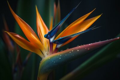 Papier peint  Colorful Strelitzia reginae or Crane flower. Bird of paradise ornate blossoms and leaves, close up. Perennial, flowering plant in the Strelitziaceae family. In temperate areas it is. Generative AI