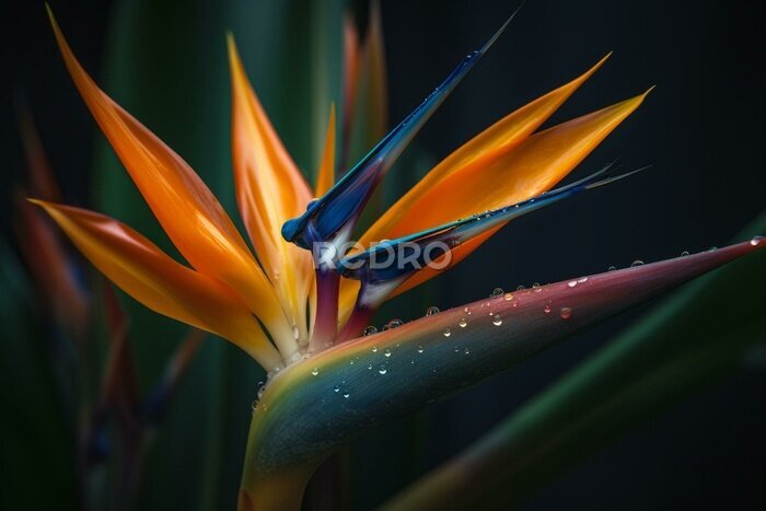 Papier peint  Colorful Strelitzia reginae or Crane flower. Bird of paradise ornate blossoms and leaves, close up. Perennial, flowering plant in the Strelitziaceae family. In temperate areas it is. Generative AI