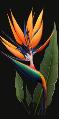Papier peint  Colorful Strelitzia reginae or Crane flower. Bird of paradise ornate blossoms and leaves, close up. Perennial, flowering plant in the Strelitziaceae family. In temperate areas it is popular houseplant