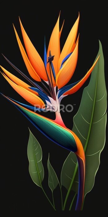 Papier peint  Colorful Strelitzia reginae or Crane flower. Bird of paradise ornate blossoms and leaves, close up. Perennial, flowering plant in the Strelitziaceae family. In temperate areas it is popular houseplant